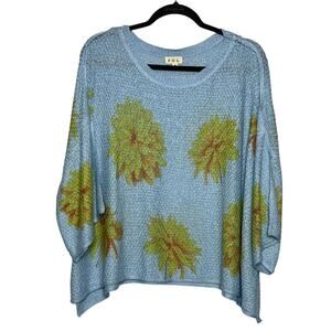 POL Oversized Lightweight Knit Sweater Blue Green Floral Boho Top Size Small